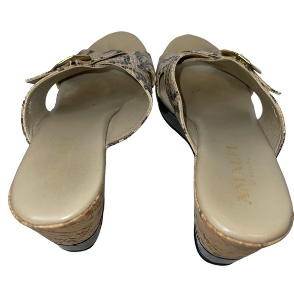 Amalfi by Rangoni Sandals Size 8.5M Black/Tan Snake Pattern Wedge Cork Slip On - Picture 9 of 13